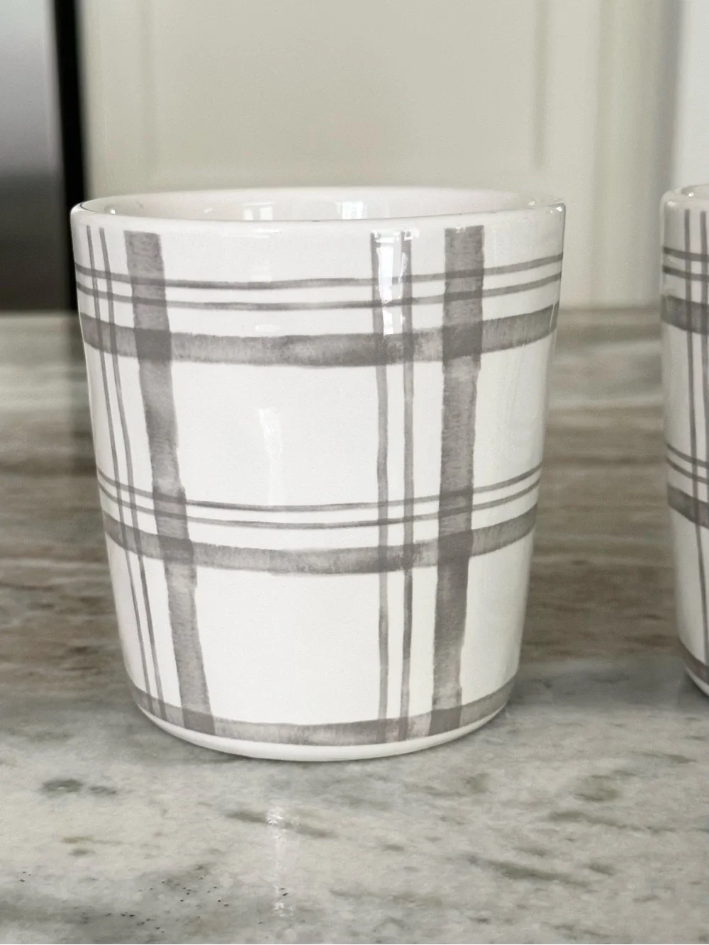 Set of 2 Fall Grey & White Plaid Pier 1 China Mugs